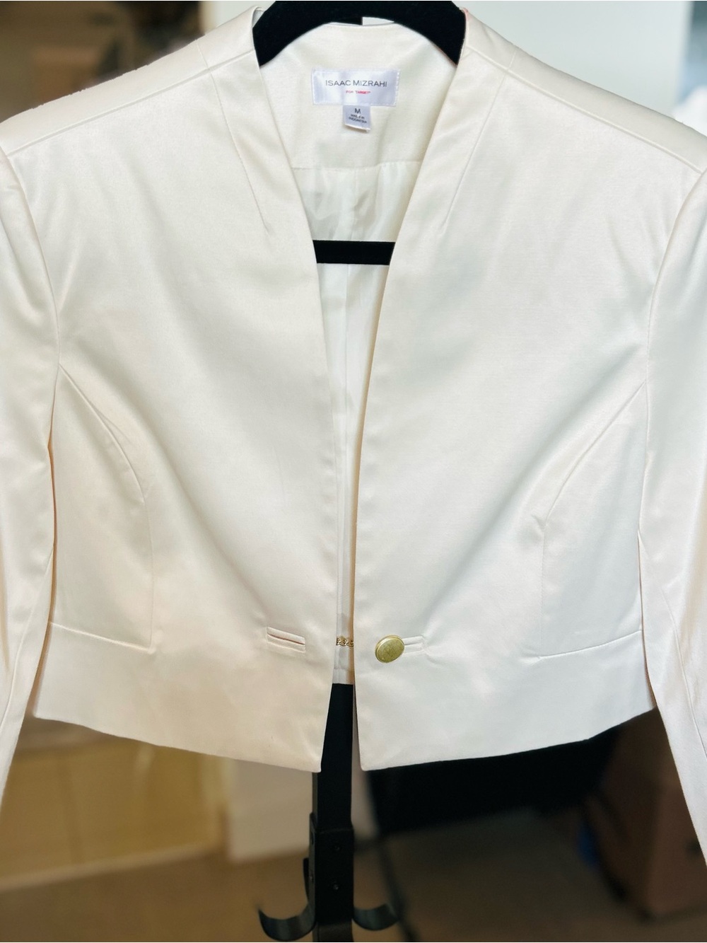Isaac Mizrahi Cream Cropped Open-Front Blazer